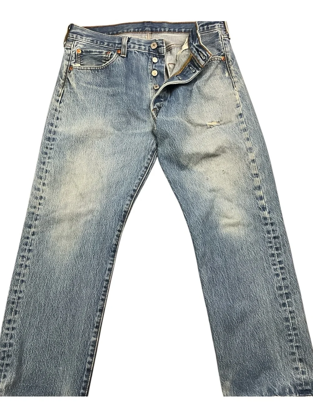 Y2K Levi’s 501 button fly straight leg red tab medium wash jeans 33 x 26